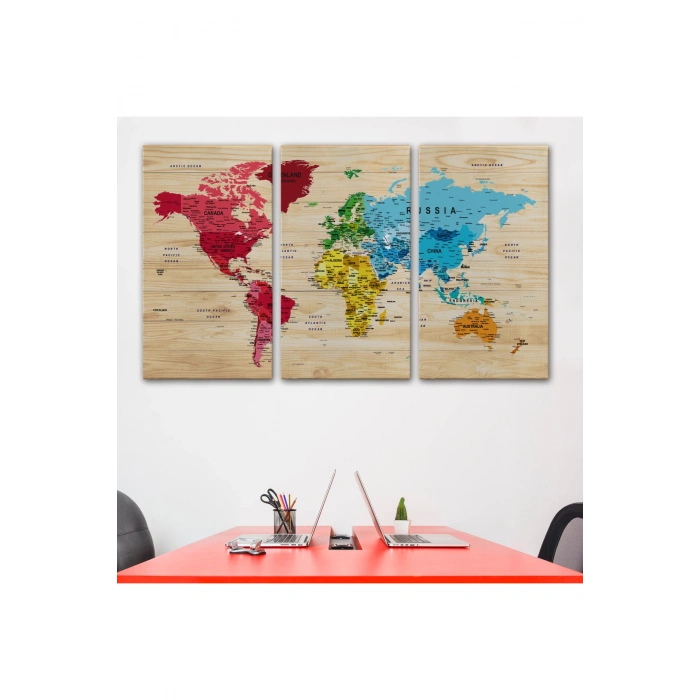 Ahşap Görünümlü Dünya Haritası Ayrıntılı ve Dekoratif Kanvas Tablo 1812
