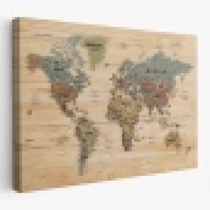 Ahşap Görünümlü Dünya Haritası Ayrıntılı ve Dekoratif Kanvas Tablo 1813