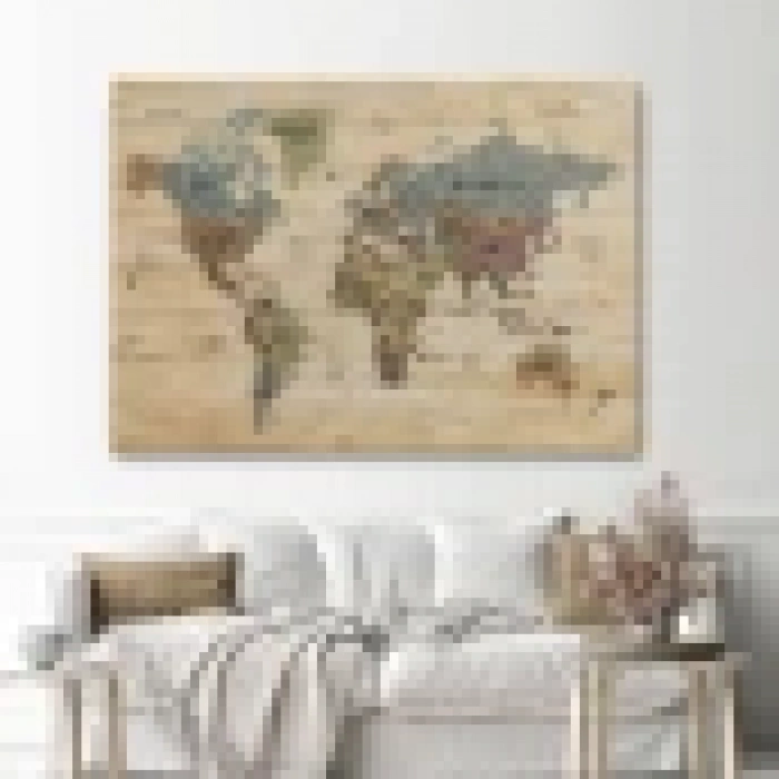 Ahşap Görünümlü Dünya Haritası Ayrıntılı ve Dekoratif Kanvas Tablo 1813