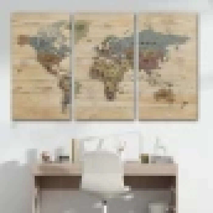 Ahşap Görünümlü Dünya Haritası Ayrıntılı ve Dekoratif Kanvas Tablo 1813