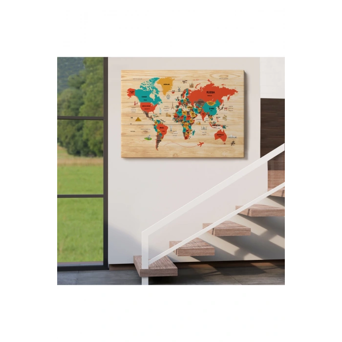 Ahşap Görünümlü Dünya Haritası Dekoratif Kanvas Tablo 2071
