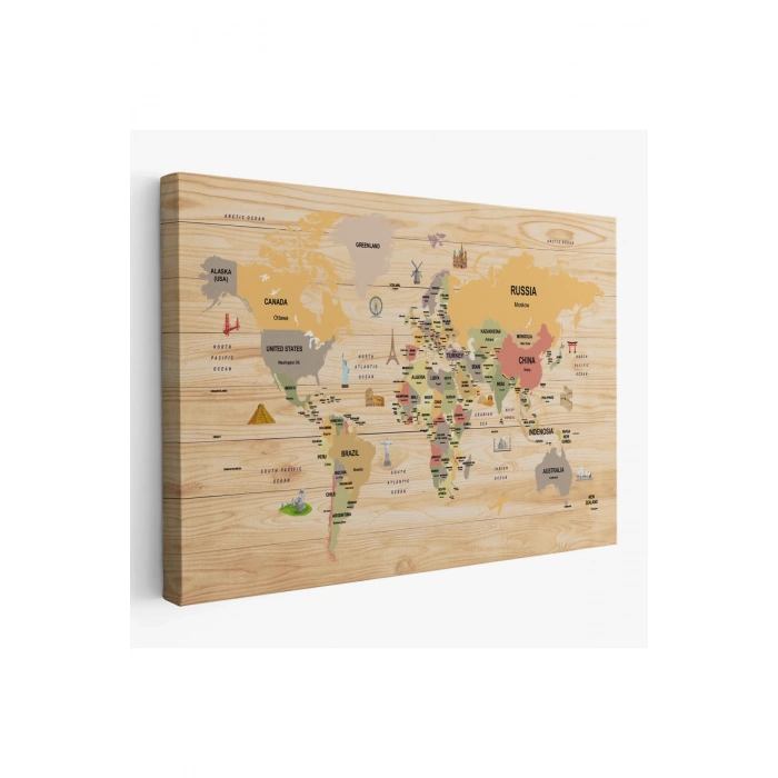 Ahşap Görünümlü Dünya Haritası Dekoratif Kanvas Tablo 2083