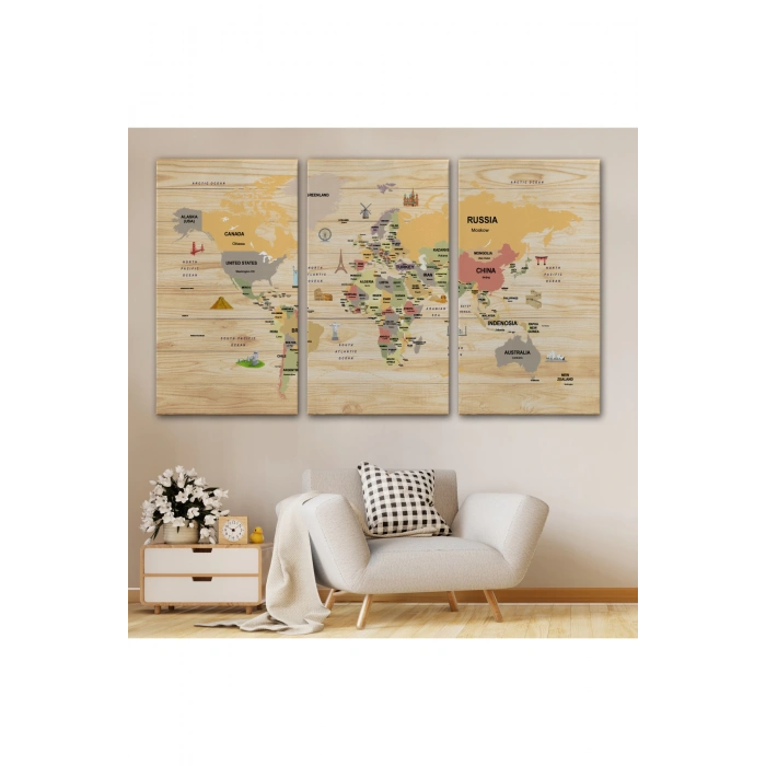 Ahşap Görünümlü Dünya Haritası Dekoratif Kanvas Tablo 2083
