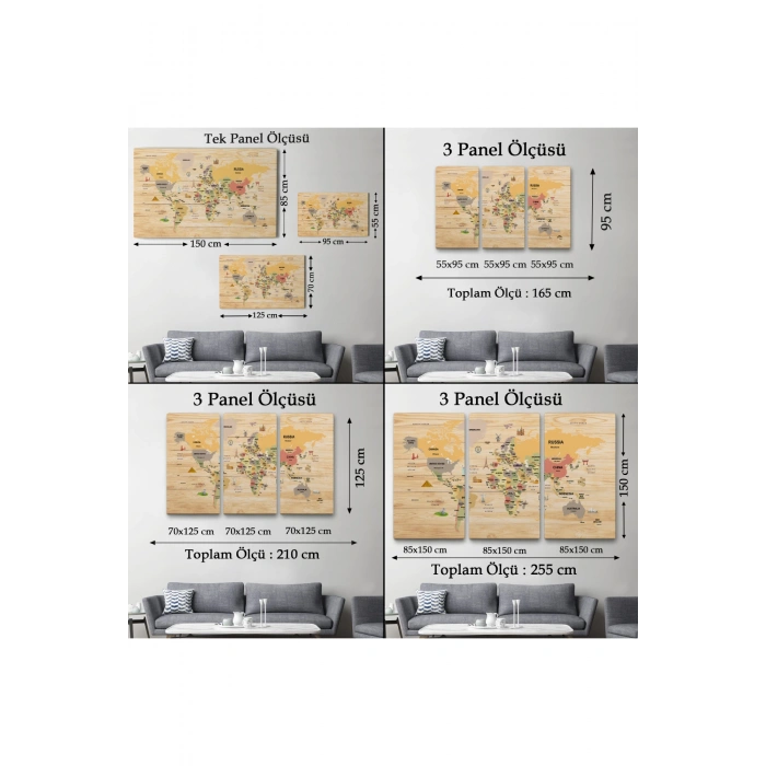 Ahşap Görünümlü Dünya Haritası Dekoratif Kanvas Tablo 2083