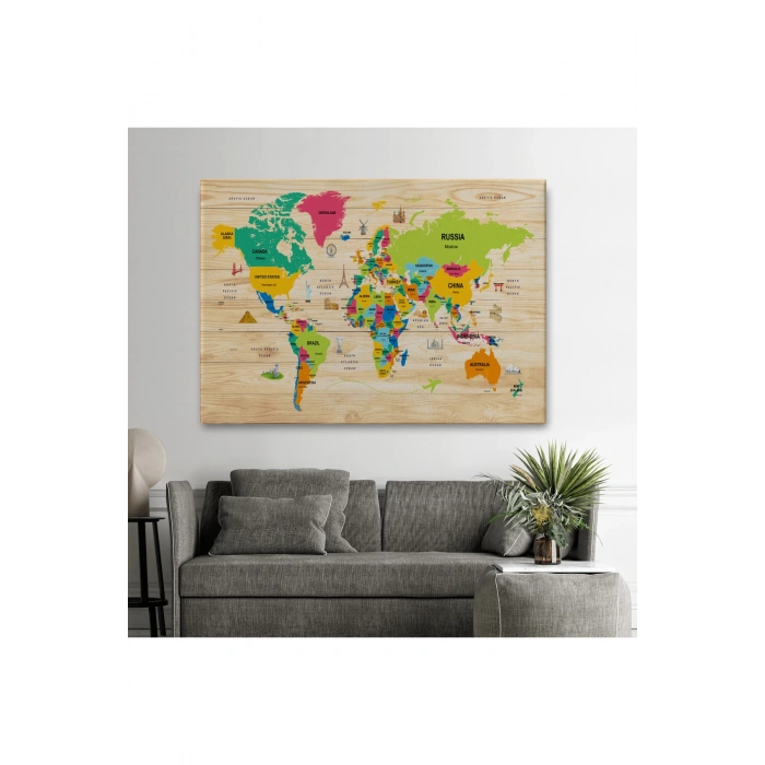 Ahşap Görünümlü Dünya Haritası Dekoratif Kanvas Tablo 2099