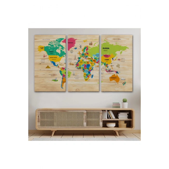 Ahşap Görünümlü Dünya Haritası Dekoratif Kanvas Tablo 2099