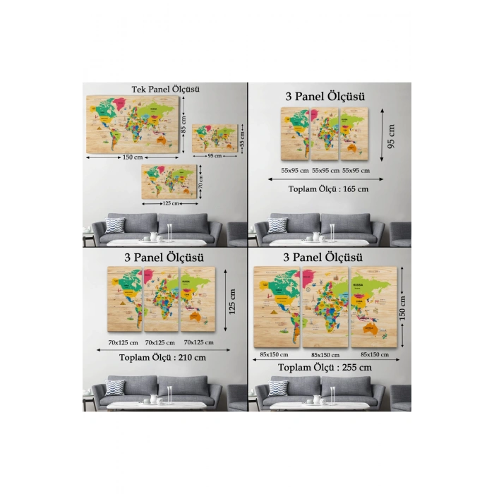 Ahşap Görünümlü Dünya Haritası Dekoratif Kanvas Tablo 2099