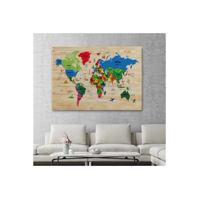 Ahşap Görünümlü Dünya Haritası Dekoratif Kanvas Tablo 2111