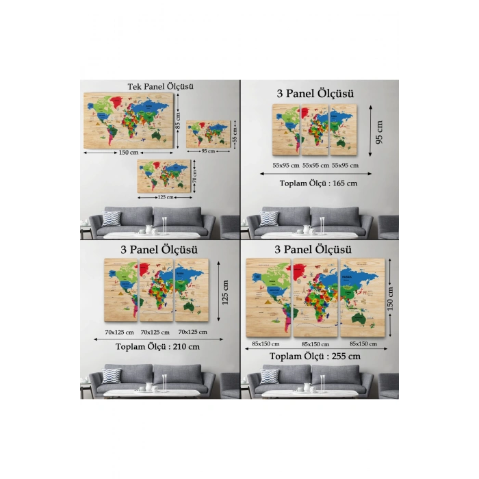 Ahşap Görünümlü Dünya Haritası Dekoratif Kanvas Tablo 2111