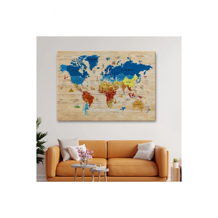 Ahşap Görünümlü Dünya Haritası Sembollü Eğitici Dekoratif Kanvas Tablo 2892