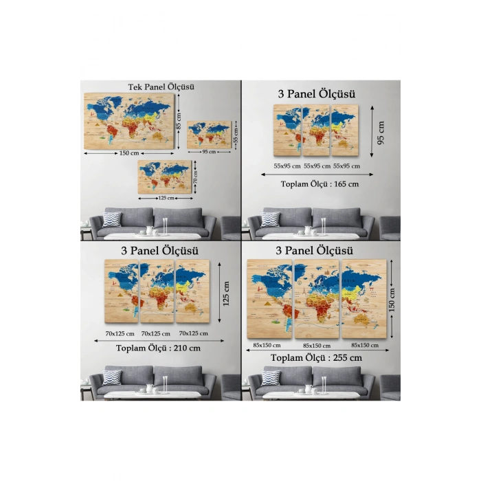 Ahşap Görünümlü Dünya Haritası Sembollü Eğitici Dekoratif Kanvas Tablo 2892