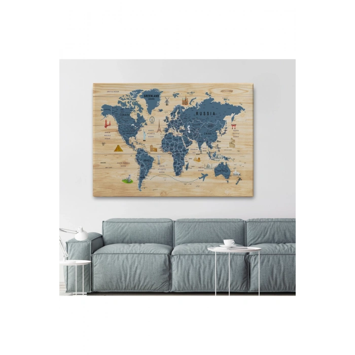 Ahşap Görünümlü Dünya Haritası Sembollü Eğitici Dekoratif Kanvas Tablo 2912