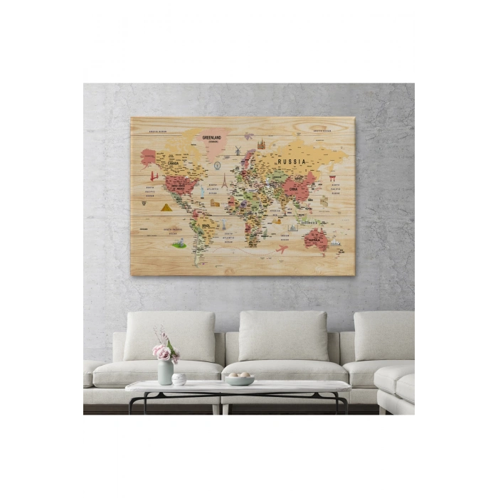 Ahşap Görünümlü Dünya Haritası Sembollü Eğitici Dekoratif Kanvas Tablo 2930