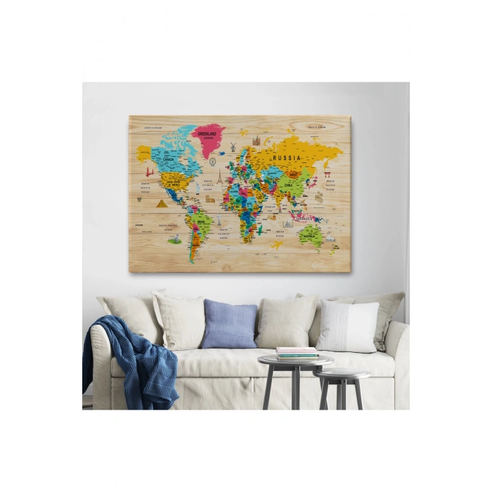 Ahşap Görünümlü Dünya Haritası Sembollü Eğitici Dekoratif Kanvas Tablo 2938