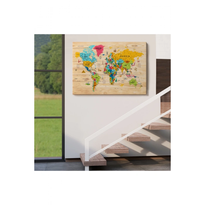 Ahşap Görünümlü Dünya Haritası Sembollü Eğitici Dekoratif Kanvas Tablo 2938