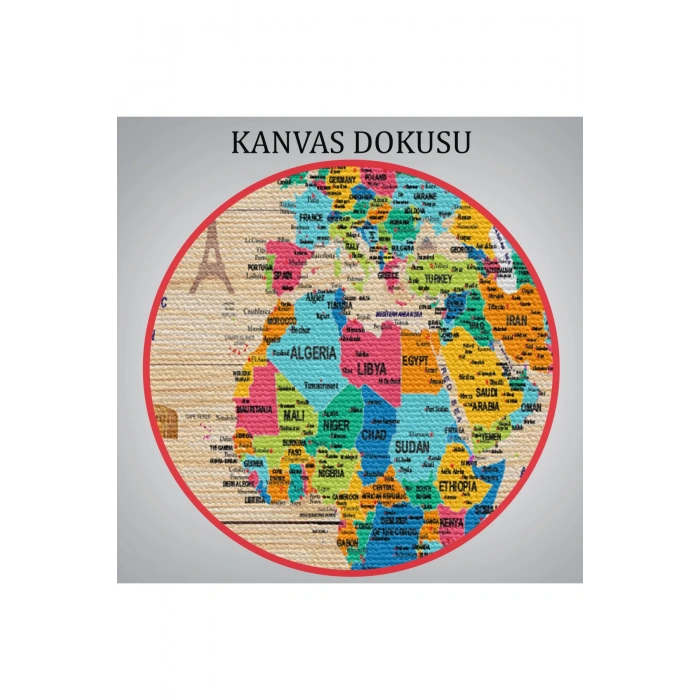 Ahşap Görünümlü Dünya Haritası Sembollü Eğitici Dekoratif Kanvas Tablo 2938