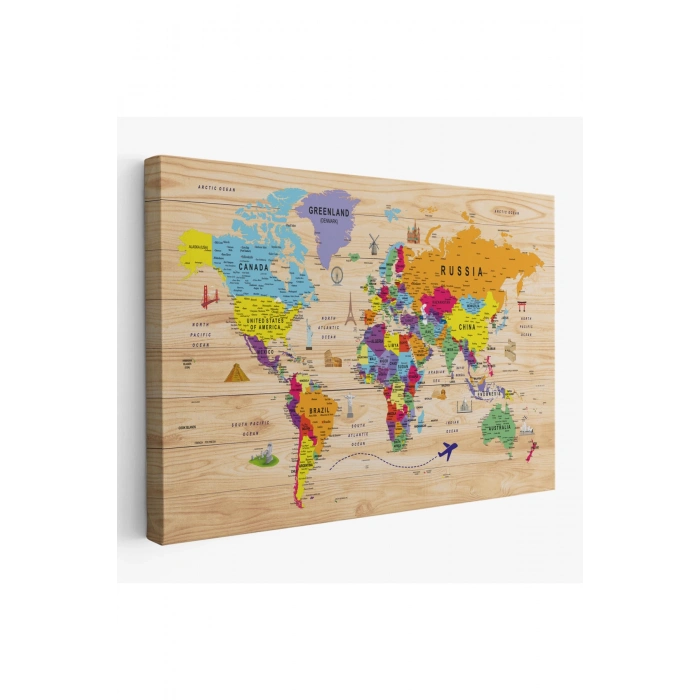 Ahşap Görünümlü Dünya Haritası Sembollü Eğitici ve Öğretici Dekoratif Kanvas Tablo 2904