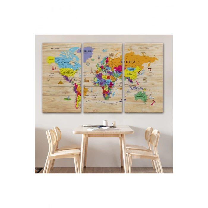 Ahşap Görünümlü Dünya Haritası Sembollü Eğitici ve Öğretici Dekoratif Kanvas Tablo 2904