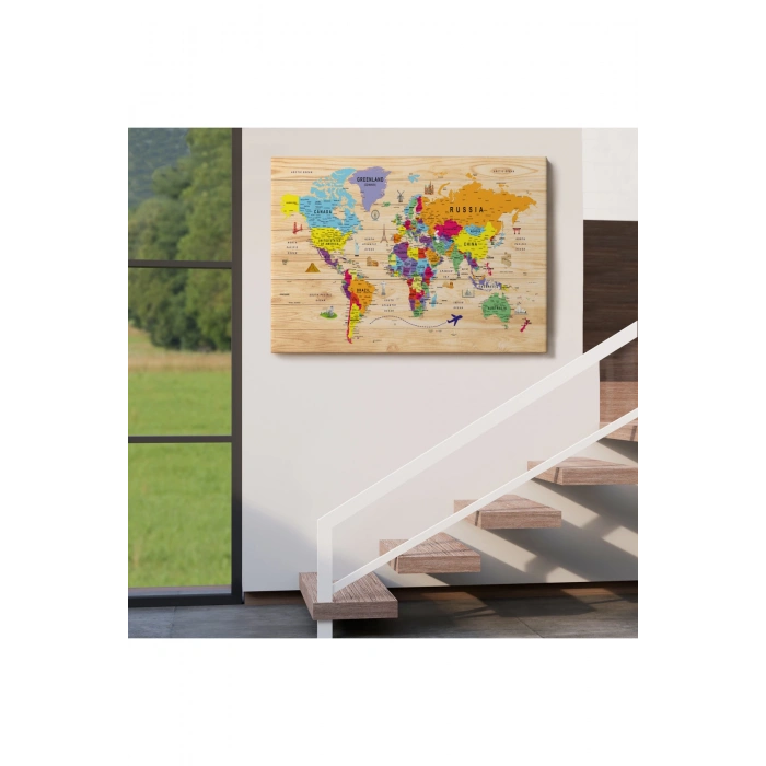 Ahşap Görünümlü Dünya Haritası Sembollü Eğitici ve Öğretici Dekoratif Kanvas Tablo 2904