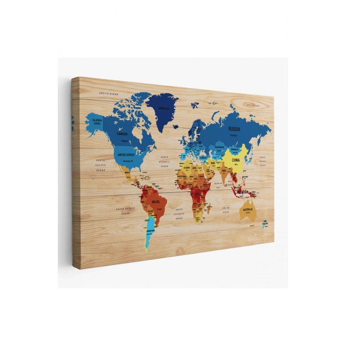 Ahşap Görünümlü Dünya Haritası Ülke Başkentli Kanvas Tablo 1821
