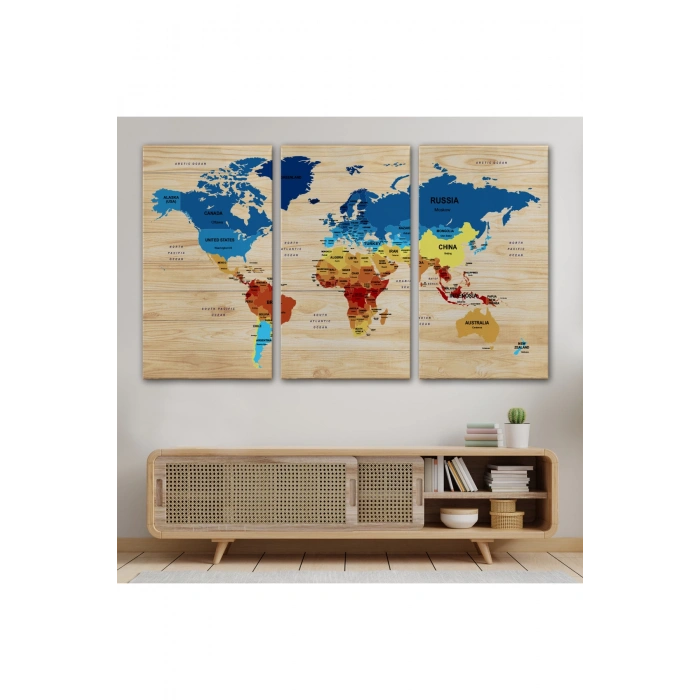 Ahşap Görünümlü Dünya Haritası Ülke Başkentli Kanvas Tablo 1821