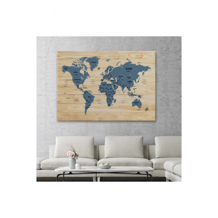 Ahşap Görünümlü Dünya Haritası Ülke Başkentli Kanvas Tablo 1843
