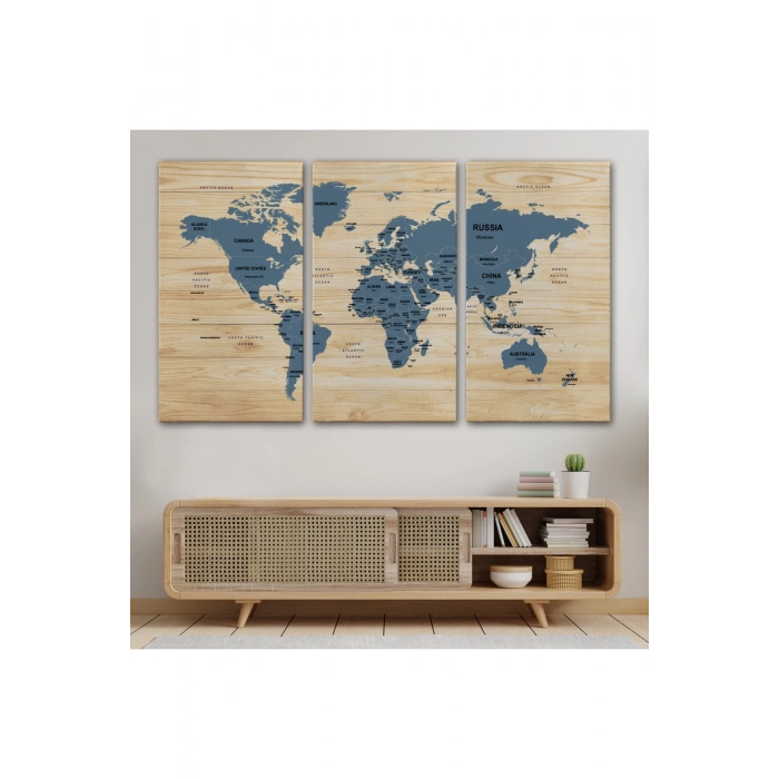 Ahşap Görünümlü Dünya Haritası Ülke Başkentli Kanvas Tablo 1843