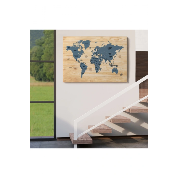 Ahşap Görünümlü Dünya Haritası Ülke Başkentli Kanvas Tablo 1843