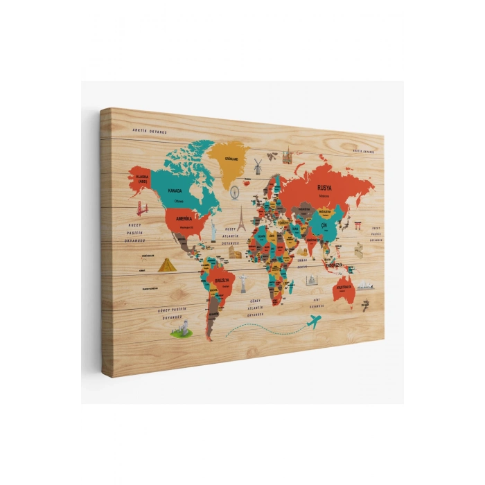 Ahşap Görünümlü Türkçe Dünya Haritası Dekoratif Kanvas Tablo 2070