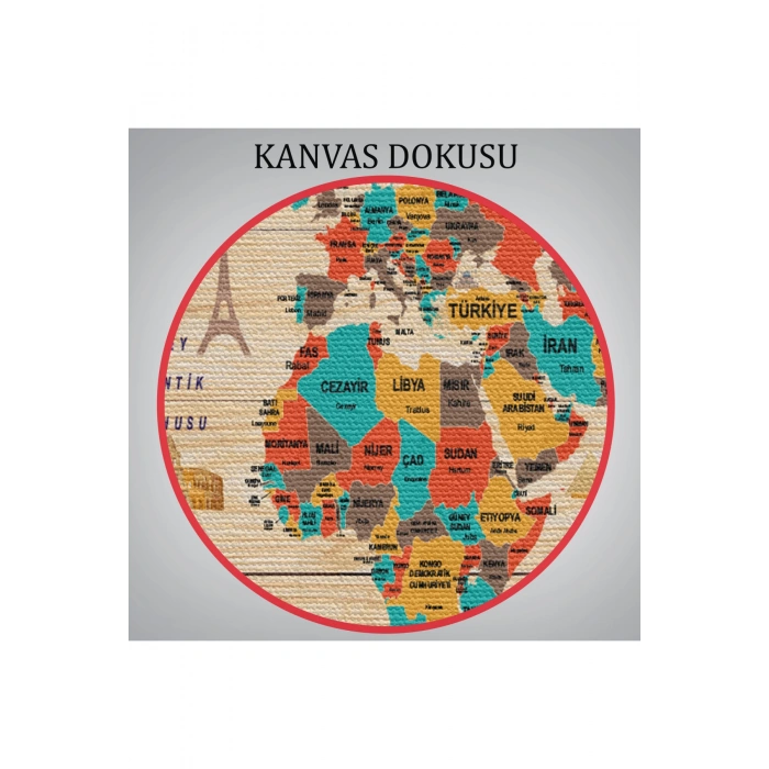 Ahşap Görünümlü Türkçe Dünya Haritası Dekoratif Kanvas Tablo 2070
