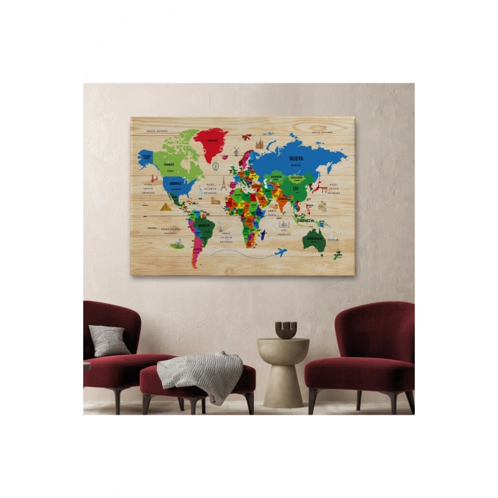 Ahşap Görünümlü Türkçe Dünya Haritası Dekoratif Kanvas Tablo 2110