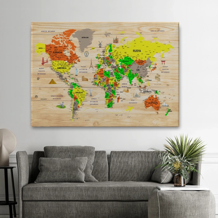 Ahşap Görünümlü Türkçe Dünya Haritası Sembollü Eğitici Dekoratif Kanvas Tablo 2893