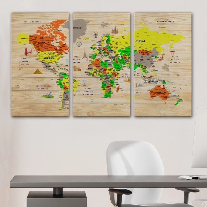 Ahşap Görünümlü Türkçe Dünya Haritası Sembollü Eğitici Dekoratif Kanvas Tablo 2893