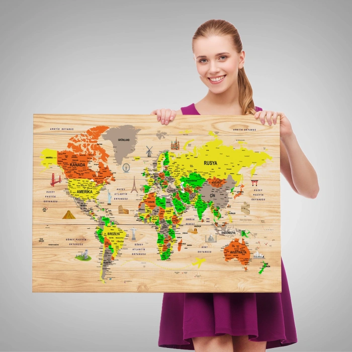 Ahşap Görünümlü Türkçe Dünya Haritası Sembollü Eğitici Dekoratif Kanvas Tablo 2893