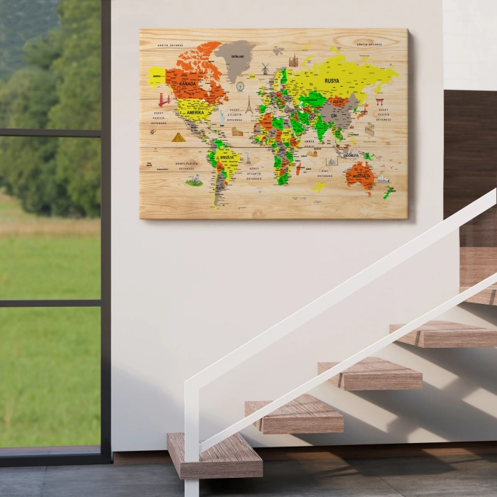 Ahşap Görünümlü Türkçe Dünya Haritası Sembollü Eğitici Dekoratif Kanvas Tablo 2893