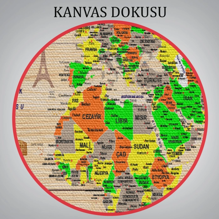 Ahşap Görünümlü Türkçe Dünya Haritası Sembollü Eğitici Dekoratif Kanvas Tablo 2893