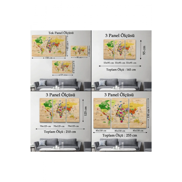 Ahşap Görünümlü Türkçe Dünya Haritası Sembollü Eğitici Dekoratif Kanvas Tablo 2911