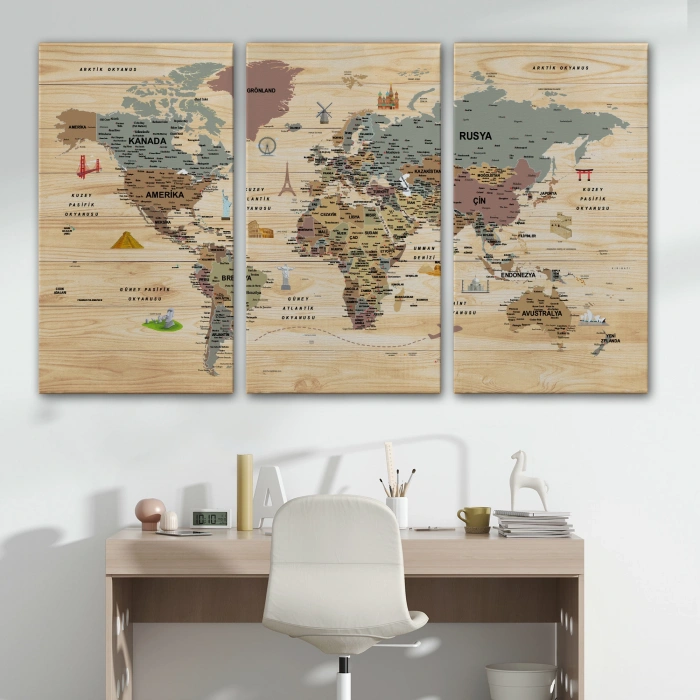 Ahşap Görünümlü Türkçe Dünya Haritası Sembollü Eğitici Dekoratif Kanvas Tablo 2951