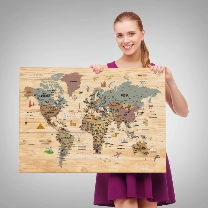 Ahşap Görünümlü Türkçe Dünya Haritası Sembollü Eğitici Dekoratif Kanvas Tablo 2951