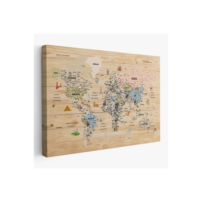Ahşap Görünümlü Türkçe Dünya Haritası Sembollü Eğitici Kanvas Tablo 2923