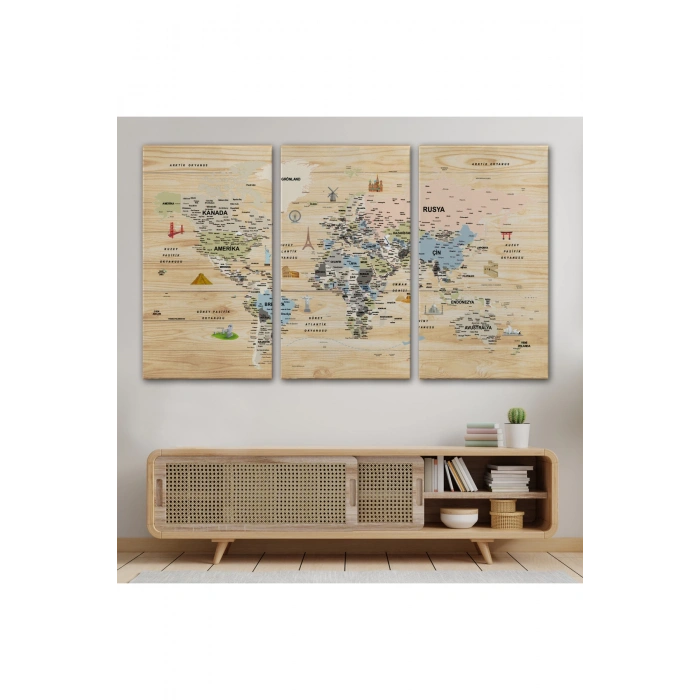 Ahşap Görünümlü Türkçe Dünya Haritası Sembollü Eğitici Kanvas Tablo 2923