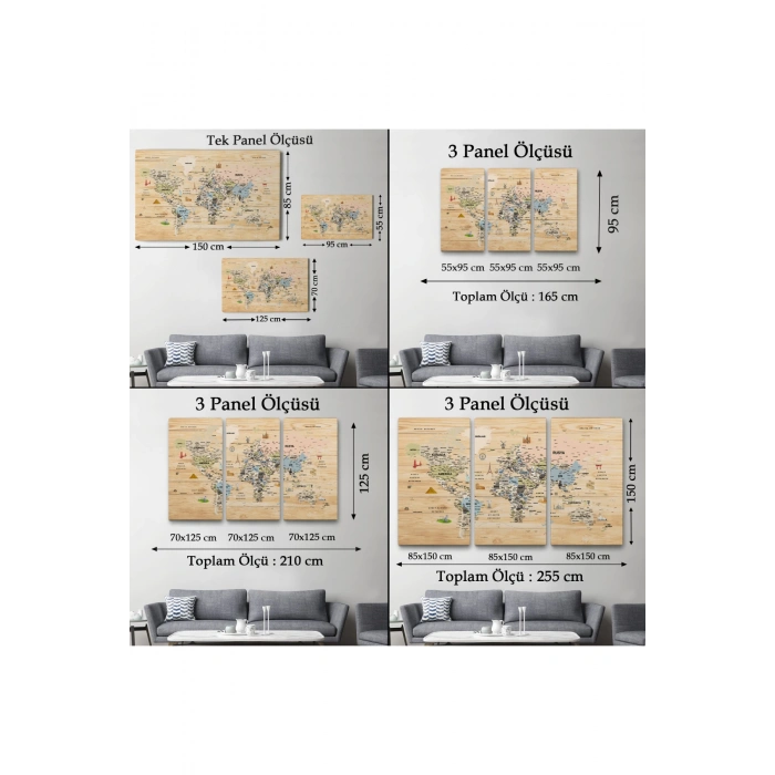 Ahşap Görünümlü Türkçe Dünya Haritası Sembollü Eğitici Kanvas Tablo 2923