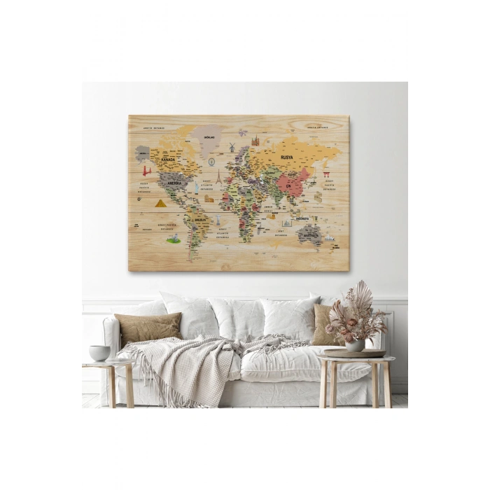 Ahşap Görünümlü Türkçe Dünya Haritası Sembollü Eğitici Kanvas Tablo 2925