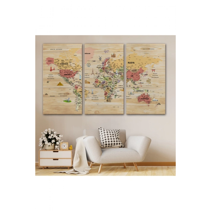 Ahşap Görünümlü Türkçe Dünya Haritası Sembollü Eğitici Kanvas Tablo 2931