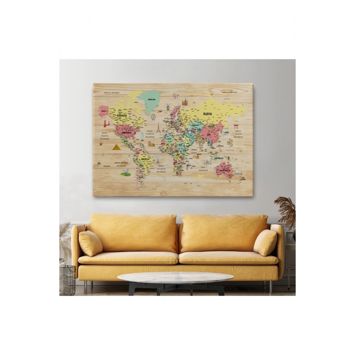 Ahşap Görünümlü Türkçe Dünya Haritası Sembollü Eğitici Kanvas Tablo 2935
