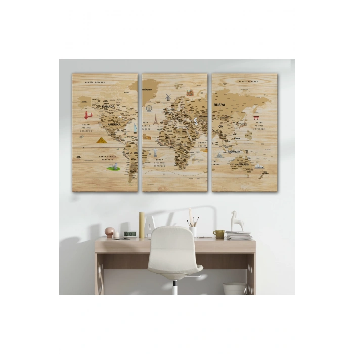 Ahşap Görünümlü Türkçe Dünya Haritası Sembollü Eğitici Kanvas Tablo 2945