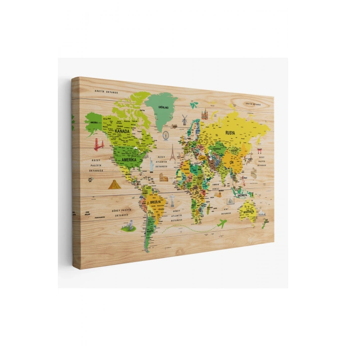 Ahşap Görünümlü Türkçe Dünya Haritası Sembollü Eğitici Kanvas Tablo 2947