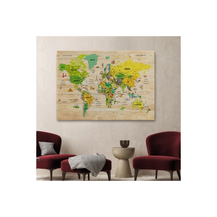 Ahşap Görünümlü Türkçe Dünya Haritası Sembollü Eğitici Kanvas Tablo 2947