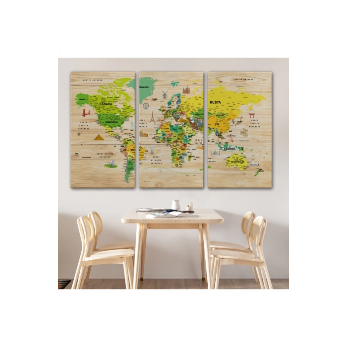 Ahşap Görünümlü Türkçe Dünya Haritası Sembollü Eğitici Kanvas Tablo 2947