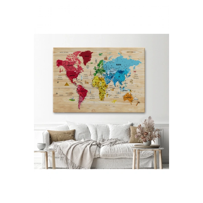 Ahşap Görünümlü Türkçe Dünya Haritası Sembollü Eğitici Kanvas Tablo 2949